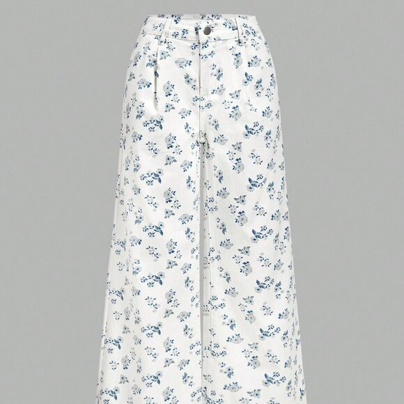 Light Wash Boho Women's Casual Loose Fit Wide Leg Ditsy Floral Jeans - Picture 2 of 6